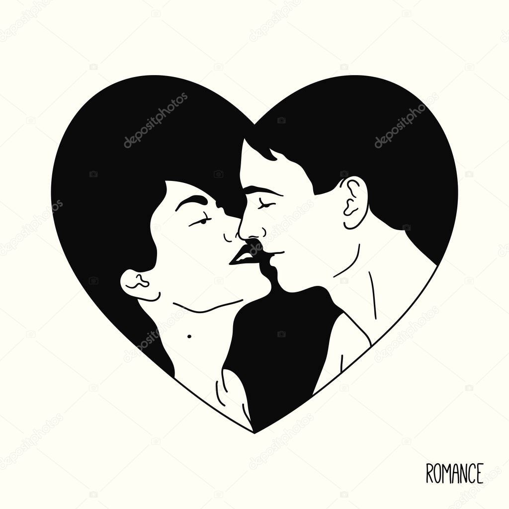 Couple in love. Romantic lovers faces. Heart frame. Linear logo tattoo