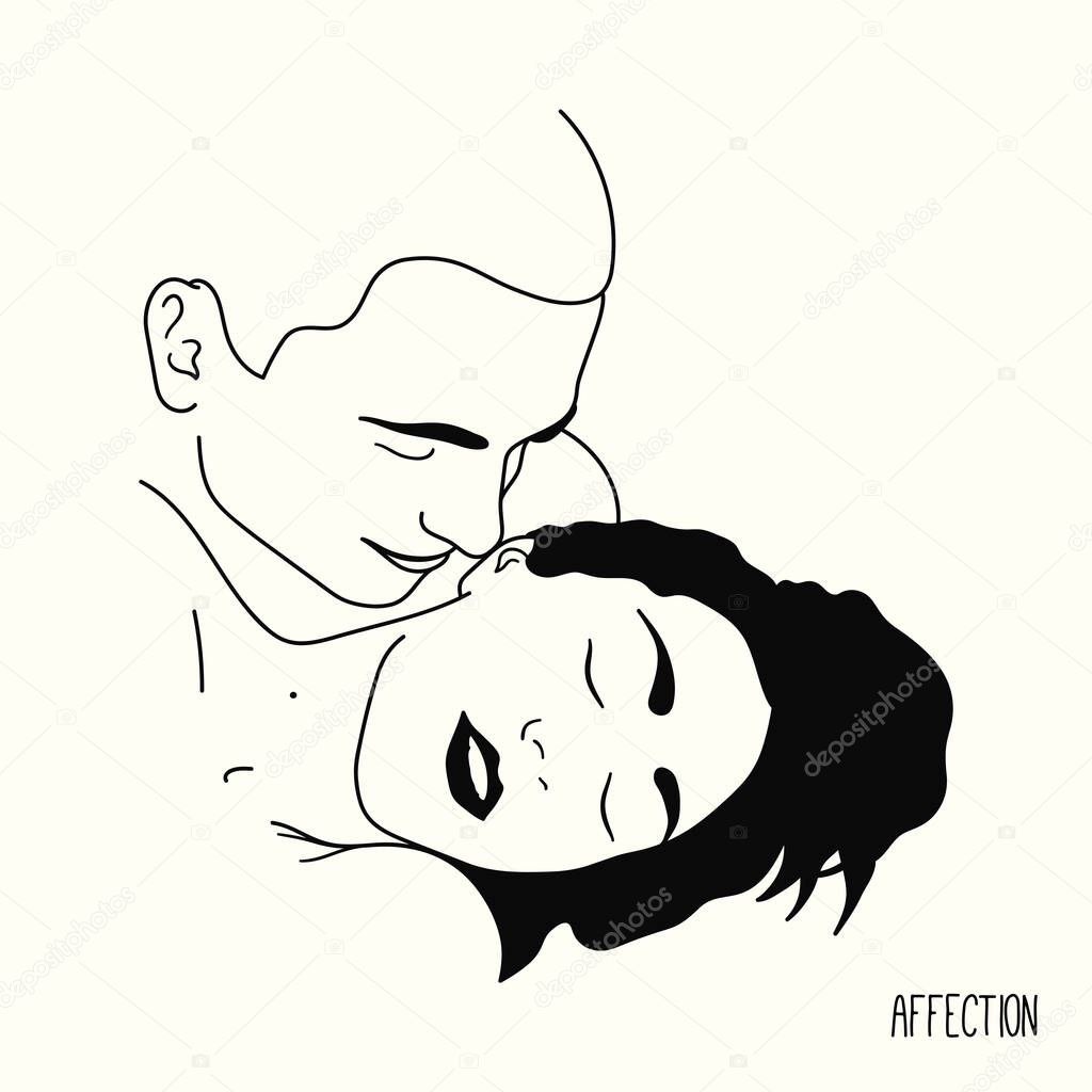 Couple in love. Romantic lovers portrait. Linear sketch logo tattoo