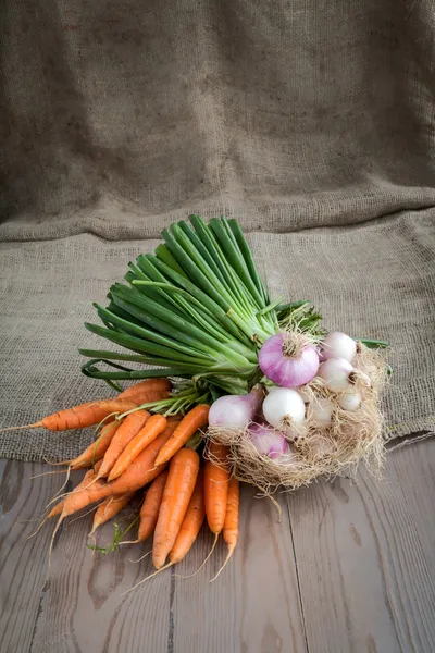 Løk og gulrøtter – stockfoto