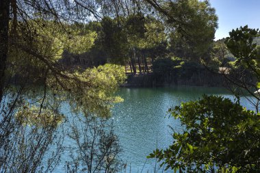 Güneşli bir günde gölü olan sonbahar manzarası