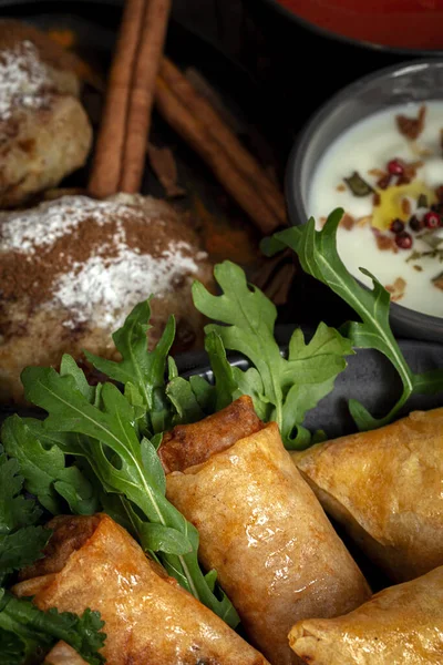 Traditional Homemade Assortment Moroccan Food Snacks Dark Background Typical Arab — Stock Photo, Image