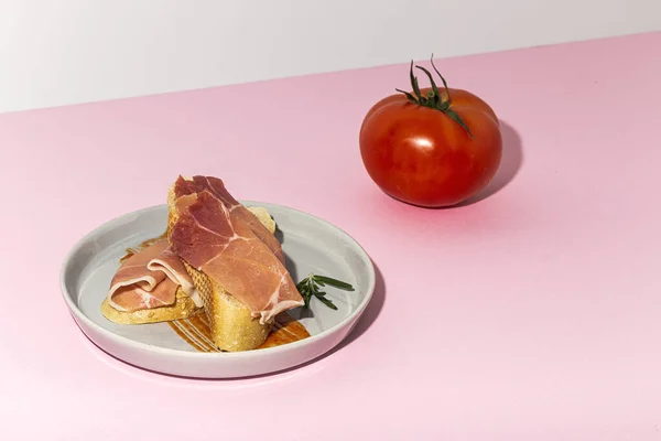 Traditional Spanish Iberian Serrano Ham Tomato Parma Ham Italian Antipasto — Stock Photo, Image