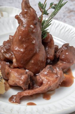 Geleneksel ev yapımı tavşan eti güveci. Kırmızı şarap sosu ve mermer arka planda aromatik otlar.