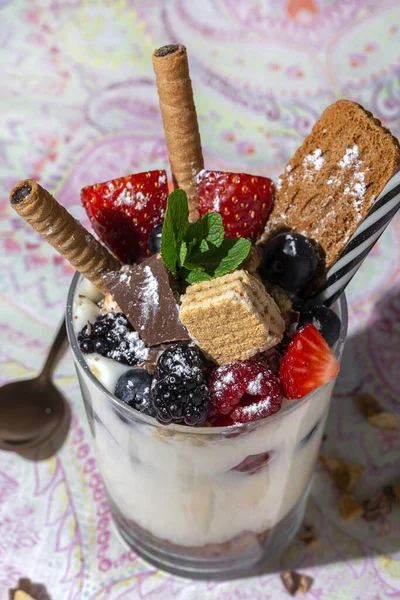 Yogur Casero Con Bayas Rojas Frambuesas Arándanos Moras Fresas Galletas —  Fotos de Stock