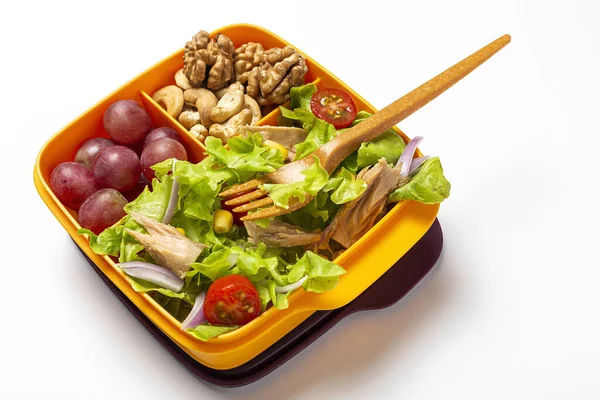 Healthy Food Plastic Container Ready Eat Homemade Lettuce Salad Tomato — Stockfoto