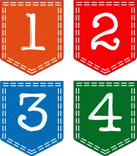 Quatro bolsos com números e letras costurados em — Vetor de Stock