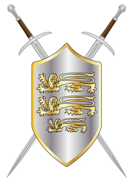 Espadas cruzadas y escudo — Vector de stock