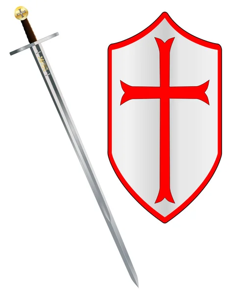 Espada y escudo de los cruzados — Vector de stock