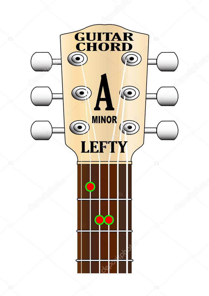 Left handed guitar chord fingering on a guitar fretboard isolated over a white background.