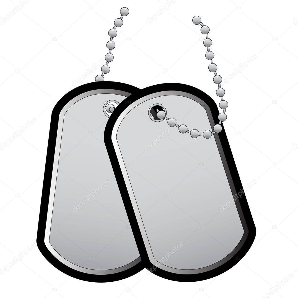 A pair of military style dog tags with broken chain and rubber suround