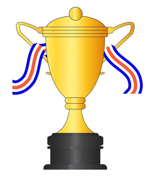 白い背景に赤白と青のリボンが孤立した勝者のための大きな黄金のカップ — ストックベクタ