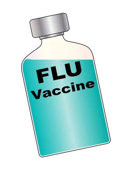Tipico Flacone Vaccino Influenzale Contenente Liquido Blu Con Testo Vaccino — Vettoriale Stock