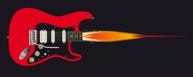 Bir kırmızı elektro gitar roketi boyundan uzay roketi gibi egzoz alevleri püskürtüyor..