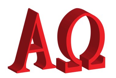Alfa ve Omega sembolleri beyaz bir arkaplan üzerinde kırmızı harf biçiminde blok harfi şeklinde