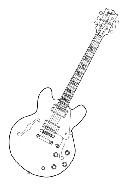 Semi Acoustic Type Guitar Outline Drawing Set White Background — Stock Vector