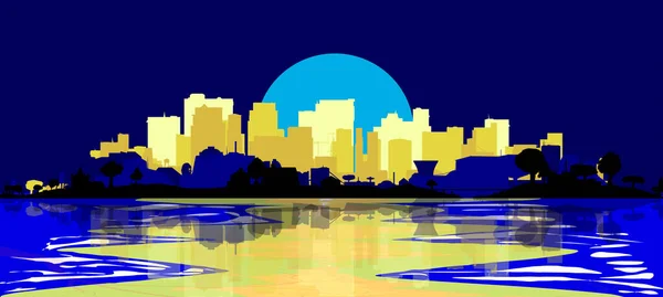 Una Ciudad Borde Las Aguas Con Cielo Nocturno Reflejos Agua — Vector de stock