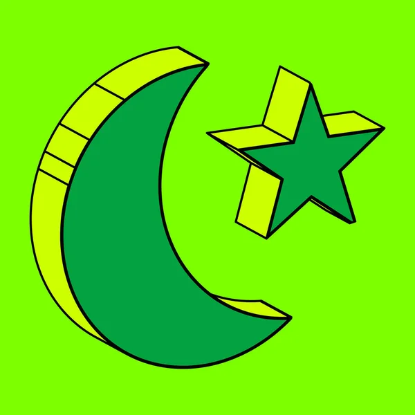 在绿色背景上对穆斯林新月形月亮和星星的描绘 — 图库矢量图片