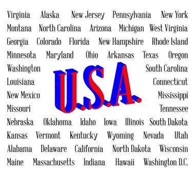 Beyaz arkaplan üzerine kurulmuş 50 eyalet ismiyle çevrelenmiş ABD metni