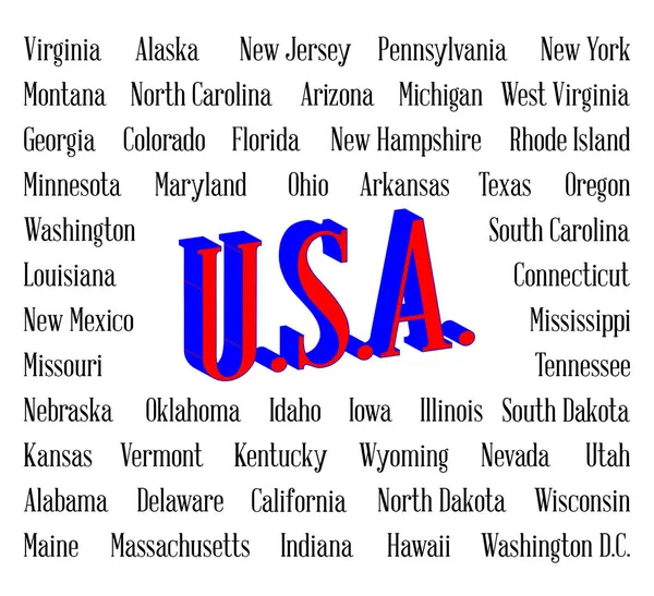 Texte États Unis Entouré Par Les Noms État Mis Sur — Image vectorielle