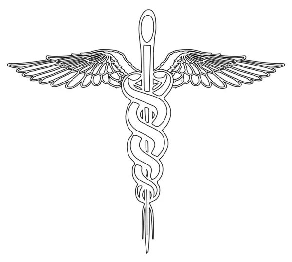 Медицинский Символ Кадуцей Черной Линии Рисунок Изолирован Белом Фоне — стоковый вектор