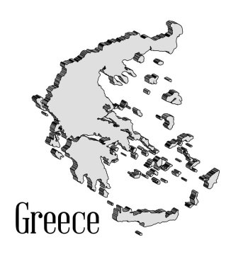 Yunanistan ve adaların ana hatları beyaz bir arkaplan üzerine 3D olarak çizildi