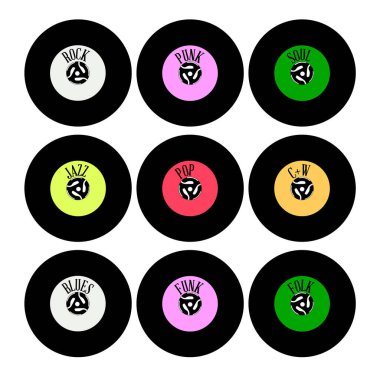 Beyaz arkaplan üzerinde tür etiketleri olan 45 rpm plaktan oluşan bir koleksiyon.