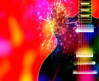 Kırmızı parlak arka planda siyah yarı akustik gitar seti