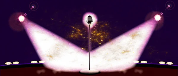 Punto Micrófono Iluminado Por Dos Focos Amplio Escenario Con Rosa — Foto de Stock