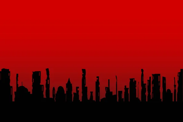War Torn Cityscape Silhouette Set Dark Red Sky — Stock Vector