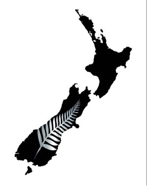 Beyaz zemin üzerinde ulusal gümüş eğreltiotu simgesi olan Yeni Zelanda 'nın ana hatlı siyah siluet haritası