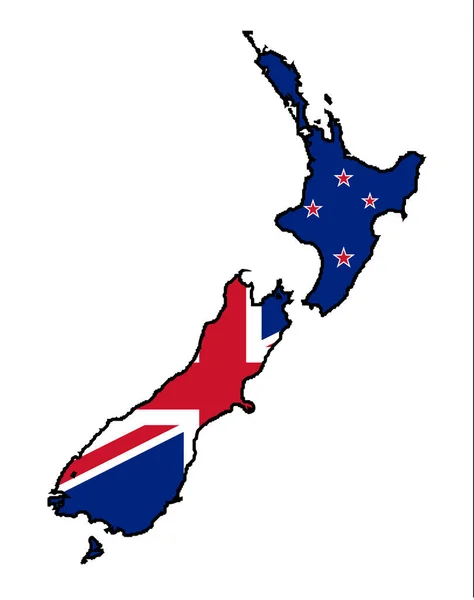 Overzicht Silhouet Kaart Van Nieuw Zeeland Met Nationale Vlag Pictogrammen — Stockvector