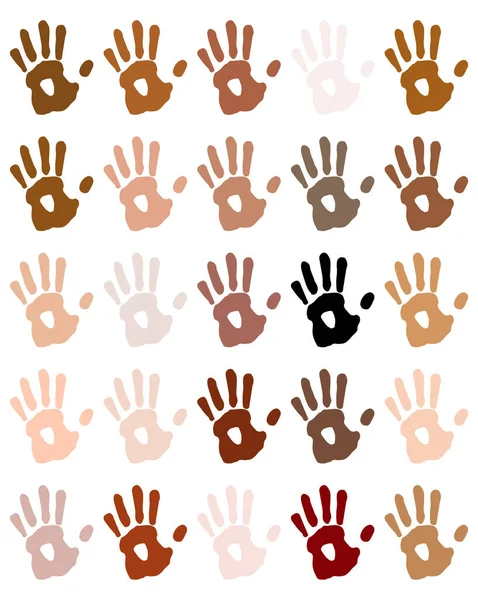Handflächenabdrücke Verschiedenen Hautfarben Zusammen Auf Weißem Hintergrund — Stockvektor