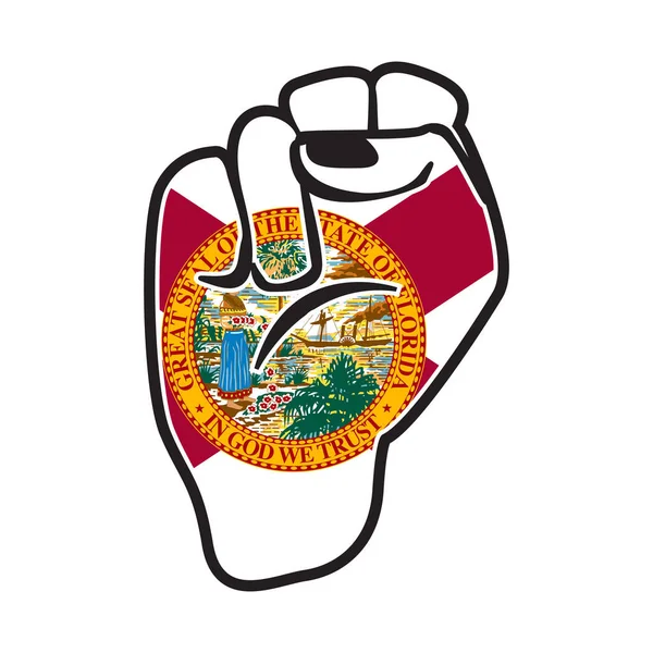 白い背景に孤立したフロリダ州旗の上の黒い輪郭力拳 — ストックベクタ