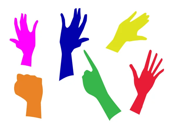 Ręczne Sylwetki Podniesione Powietrzu Koncercie Każdy Kolorowy Indywidualnie Kolorze Tęczy — Wektor stockowy