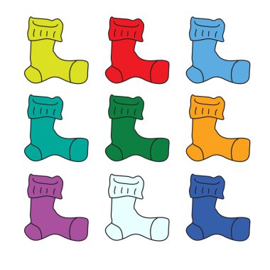Beyaz arka planda izole edilmiş renkli renkli çorap seçimi.