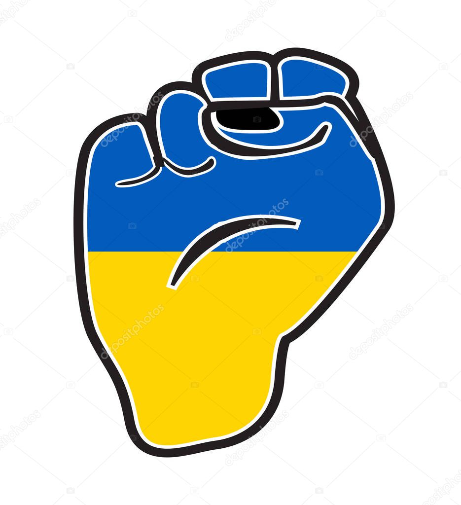 A black outline power fist over the Ukraine National Flag flag isolated on a white background