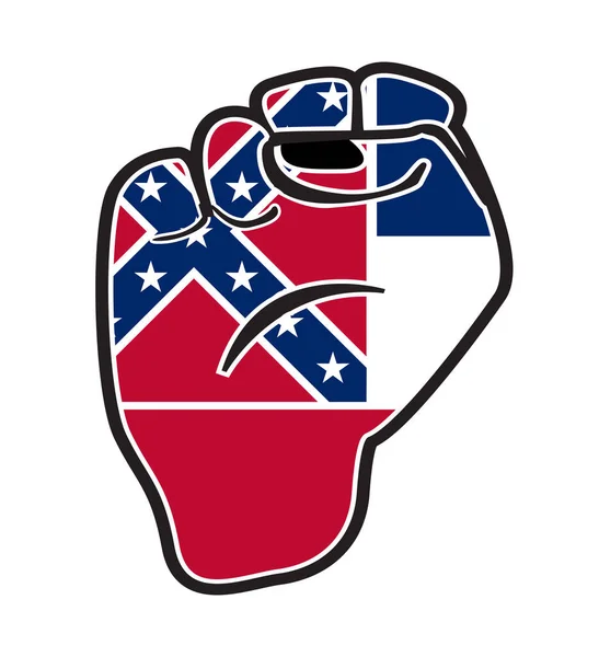 白い背景に隔離されたミシシッピ州旗の上の黒い輪郭力拳 — ストックベクタ
