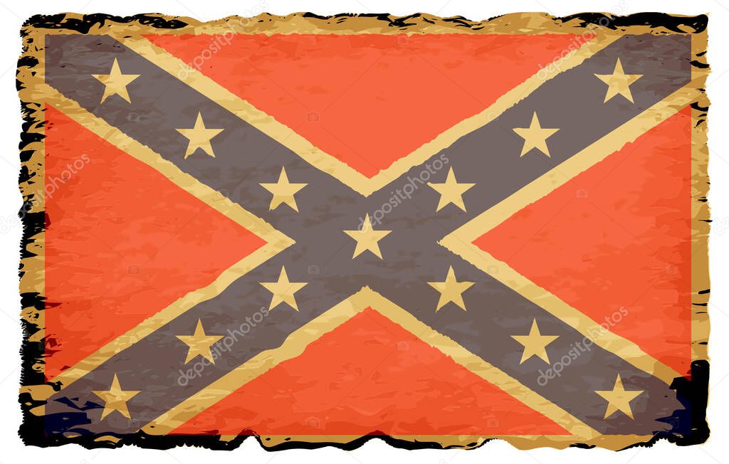 A confederate flag set on a parchment background of browns shades and black over a white background