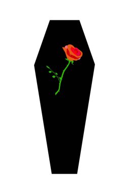 Siyah bir siluet tabut, beyaz arka planda kırmızı bir gül var.