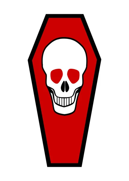 Halloween Open Coffin Red Interior Grinning White Skull Red Eyes — Stockvector