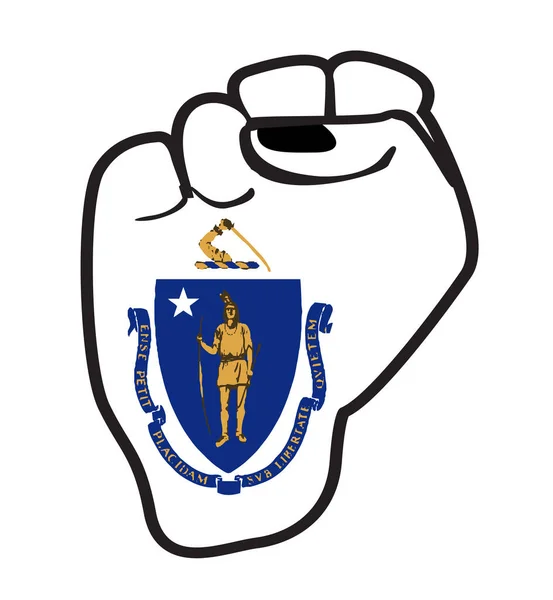 Черный Контур Власти Кулаком Над Символами Штата Массачусетс Изолированные Белом — стоковый вектор