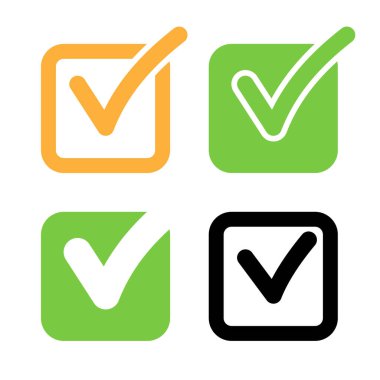 İşaretleme listesi simgesi kutusu. Sağ vektör şekil işaretini işaretle. Oy sembolünü doğru işaretle. Kırmızı yeşil mavi turuncu renkler