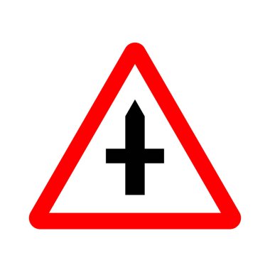 Kırmızı üçgen trafik işareti. İlerideki trafik sembolü için uyarı kavşağı