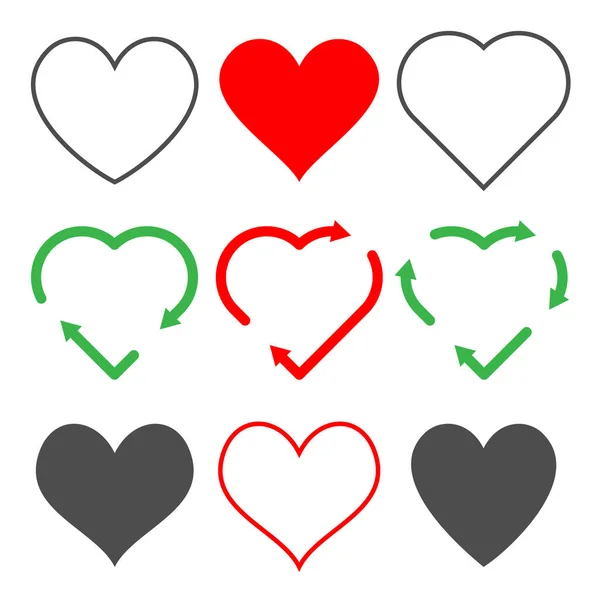 Ikony Serca Ustawione Zarys Znaków Miłosnych Wektora Zielone Serce Strzałką — Wektor stockowy