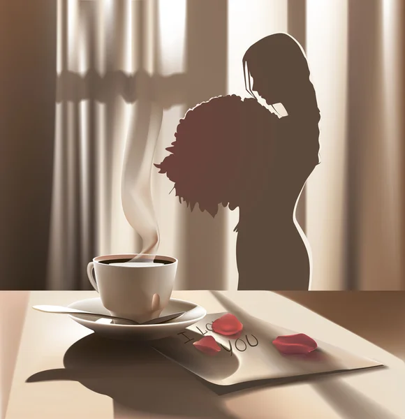 's ochtends, koffie, liefde. — Stockvector