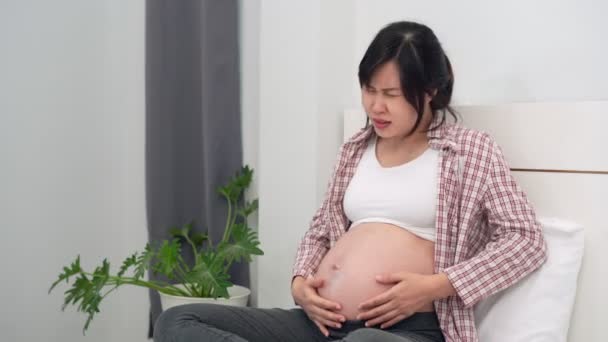 妊娠中の女性は激しい腹痛に苦しみ出産しようとしていました 突然の痛みのために妊娠や出産近くの余分な注意が必要です — ストック動画