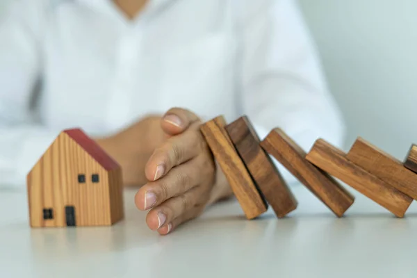 Insurance Hands Protect House Wooden Domino Block Fall House Home — Stock Photo, Image