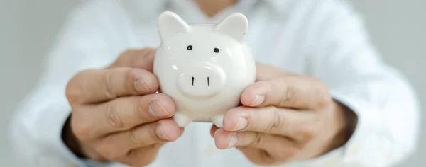 Sparen Sie Geld Finanzinvestitionen Und Einkommensmanagement Geschäftsmann Mit Sparschwein — Stockfoto