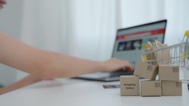 Çevrimiçi alışveriş ve kredi kartıyla alışveriş ve evdeki bilgisayarlarla alışveriş. Kadınlar kolay bir tesis için bilgisayar kullanırlar. Elektronik ticaretin online alışveriş kavramı.