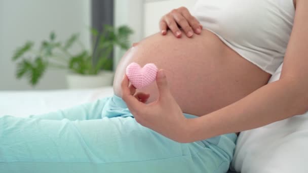 妊娠中の愛の赤ん坊の概念 妊娠中の女性は心臓ピンクを拡張し 胎児への愛を示しています ピンクのハートは子供の重要性のための女性の感情を表しています — ストック動画